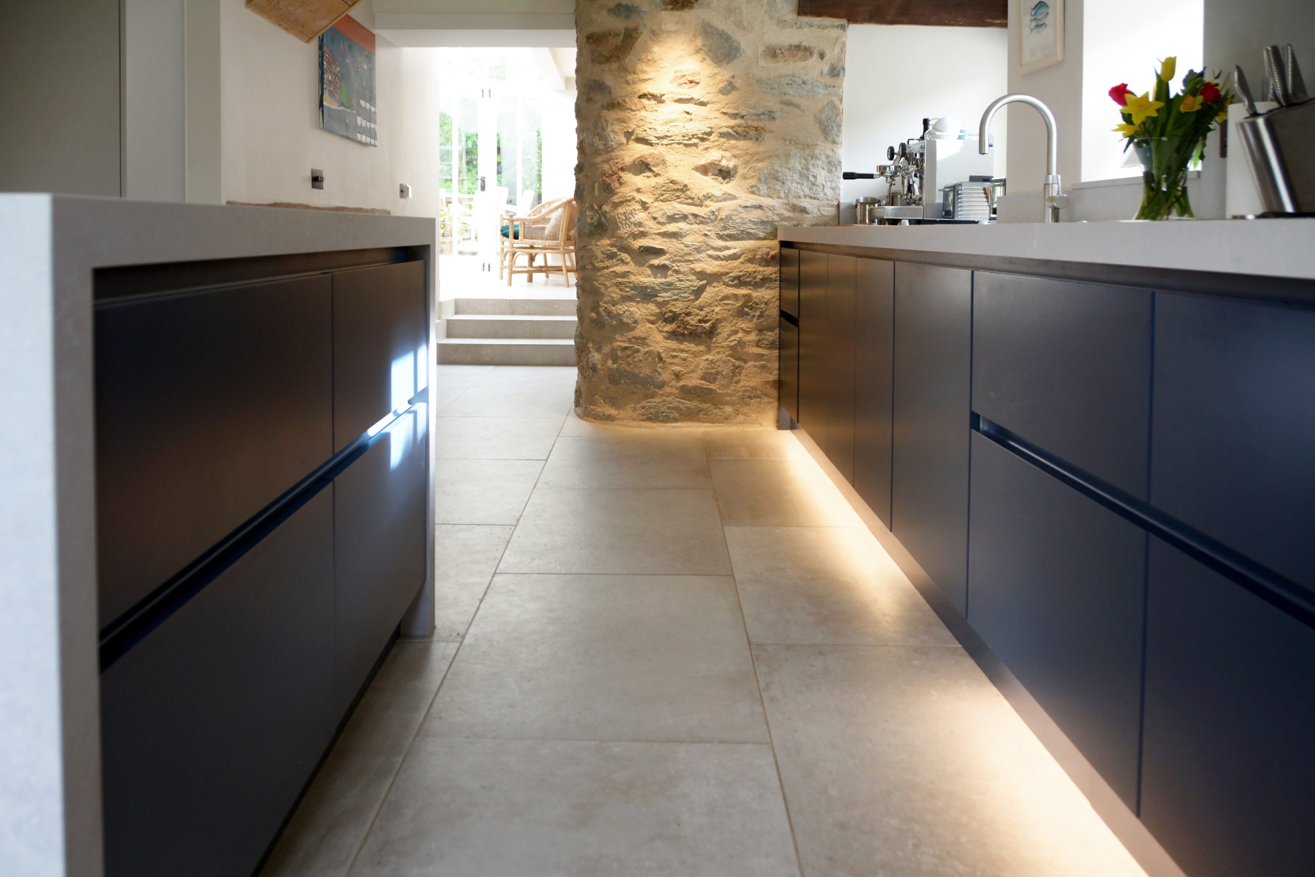 Blue & Light Grey handleless kitchen in Truro cornwall