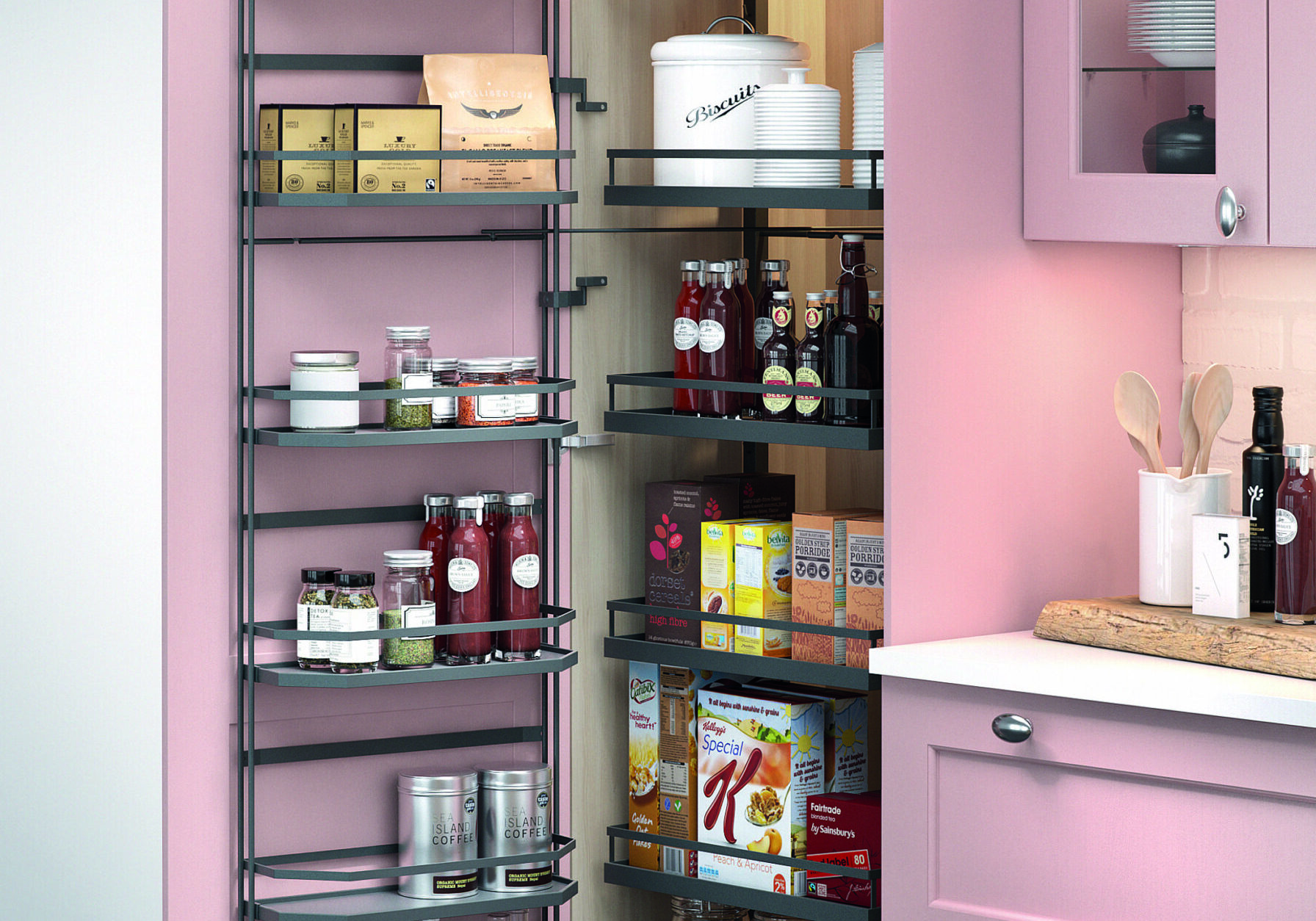 Blush pink kitchen colours, walk in pantry, shaker kitchen