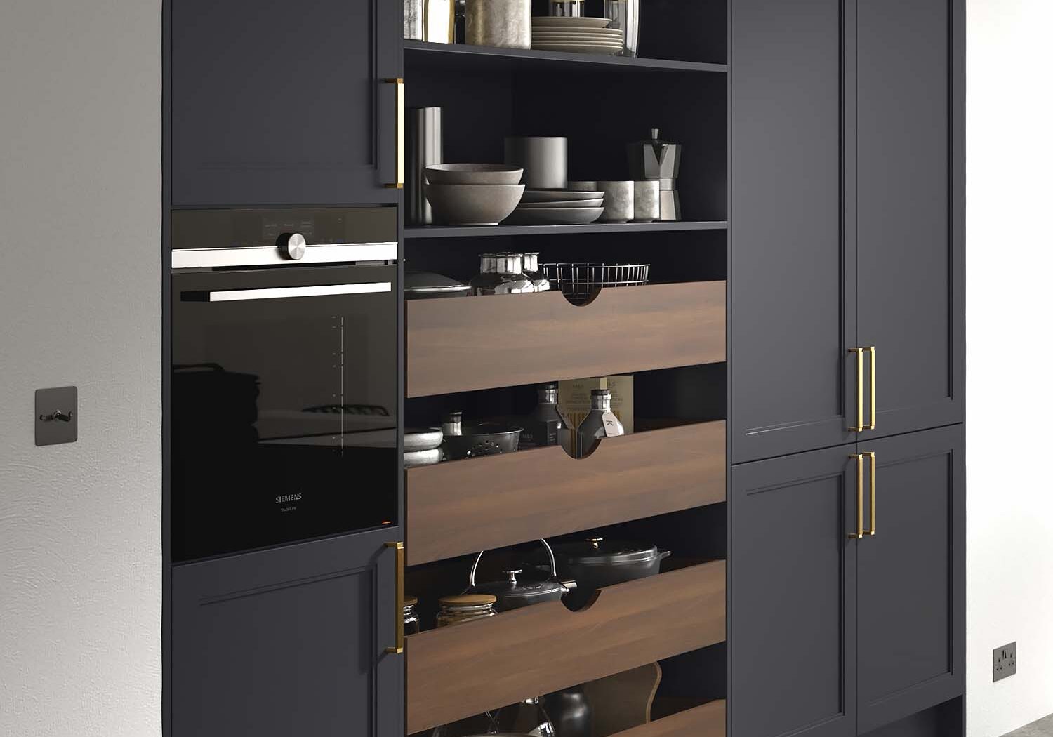 Wide drawer open pantry Talladale Smooth Painted kitchen colours Fired Charcoal